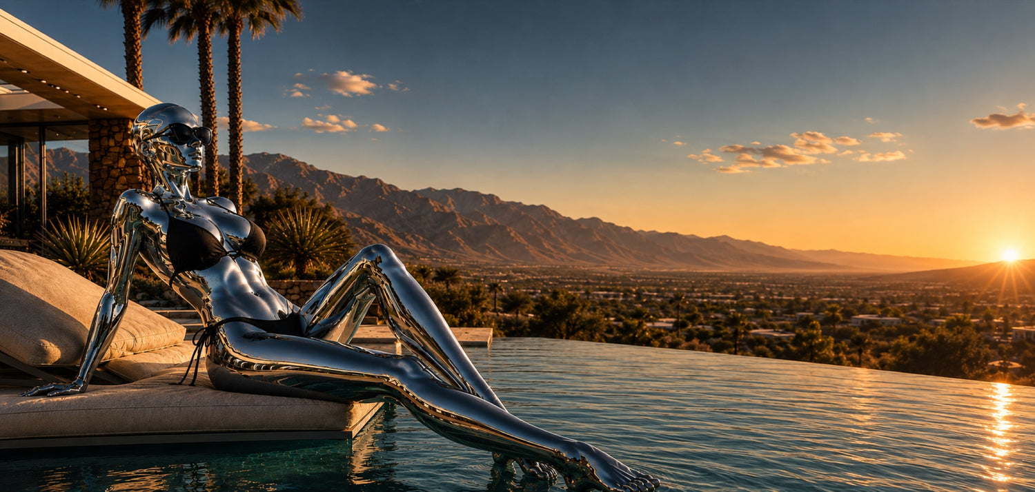 A chrome-skinned woman in a black bikini reclines poolside at a desert estate at sunset, mountains and city lights spreading below.