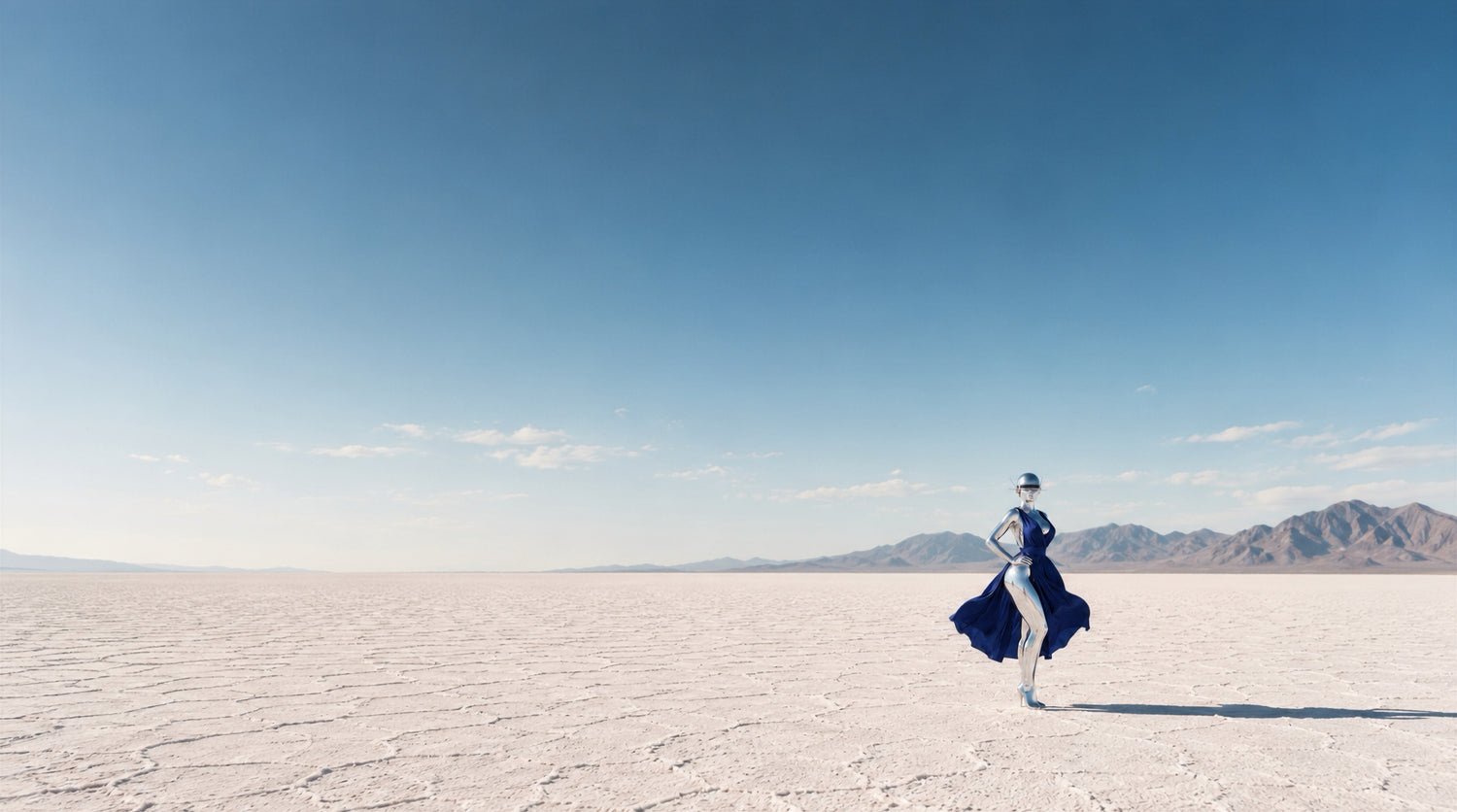 A lone figure in a chrome-and-cobalt gown stands on a vast white salt flat under an open blue sky, distant mountains on the horizon.
