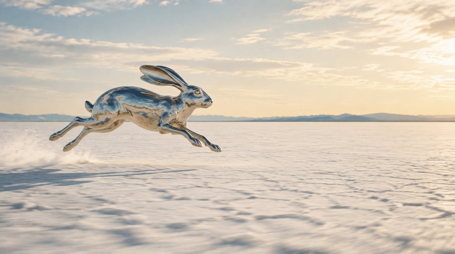 A reflective chrome jackrabbit sprints across a vast salt flat at sunrise, kicking up dust.